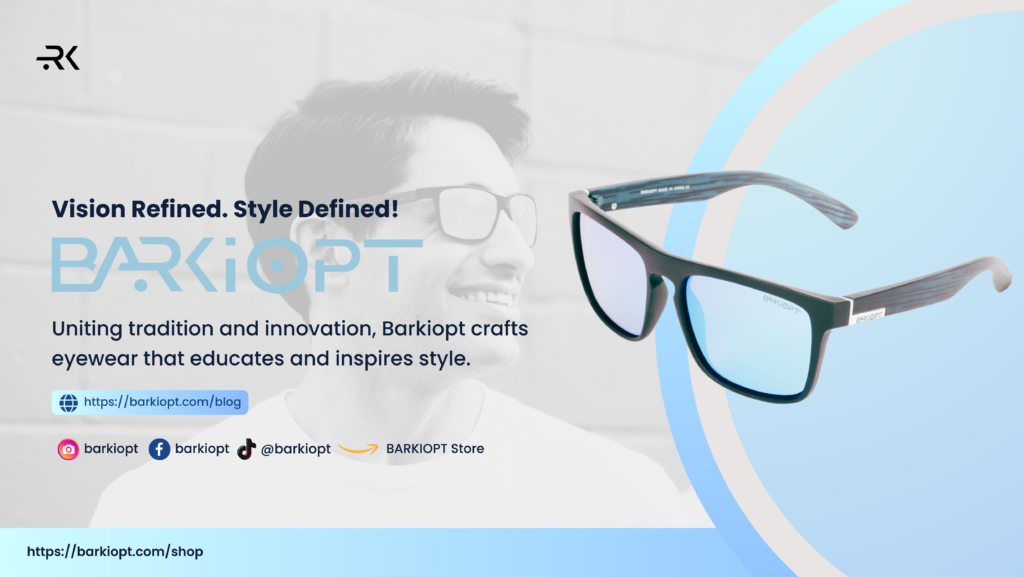 The image features a stylish backdrop with a shadowed figure wearing glasses, overlaid with a clear, focused image of Barkiopt's sunglasses on the right. The brand's tagline, "Vision Refined. Style Defined!", is prominently displayed in bold lettering. Below the tagline, a two-liner states, "Uniting tradition and innovation, Barkiopt crafts eyewear that educates and inspires style." Social media icons for Instagram, Facebook, and TikTok, along with the Barkiopt Store symbol, are neatly arranged, pointing to the brand's online presence. The blog URL is highlighted, inviting viewers to explore more. The design is completed with the Barkiopt logo, ensuring brand recognition.